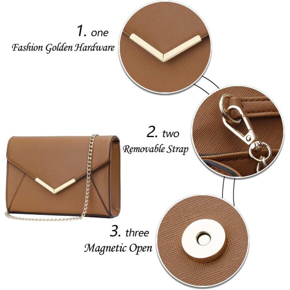 ⚡ Women's Brown Leather Elegant Snap Closure Envelope Foldover Clutch Bag - Picture 4 of 7